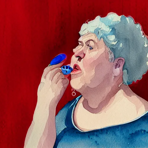 Image similar to a very funny comic style watercolor painting of a sweet fat old woman kissing her reflection. symmetrical face, red mouth, blue eyes. a flowered dress. a hyper - realistic scene. 3 d, octane processing, deep focus, white scene. a very funny and sweet picture. unreal engine. watercolor. fellini cinematic style. poster quality. freud painting style.