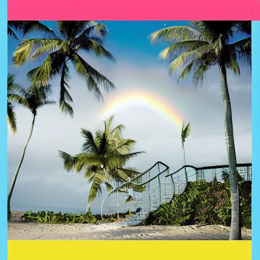 Image similar to miracle musical Hawaii part ii album cover, showing an ocean in the background, spiral transparent stairs on the left with tall palm trees behind it, a slight rainbow in the background, white outline border, moon in the right top area black and white except for the rainbow album cover