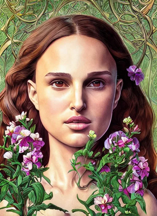 Image similar to well - lit art nouveau face portrait of a 1 3 - year old natalie portman playing in the garden, natural lighting, path traced, highly detailed, high quality, cartoon, digital painting, by don bluth and ross tran and studio ghibli