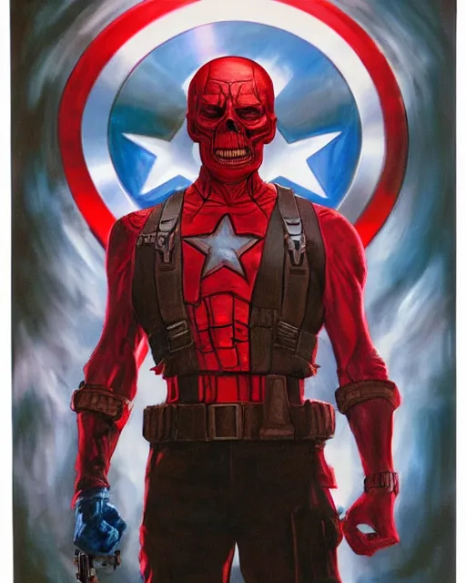 Prompt: red skull in captain america, airbrush, drew struzan illustration art, key art, movie poster