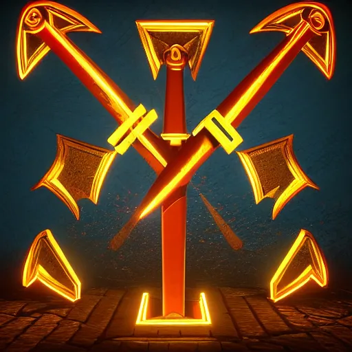 Image similar to symmetrical game - icon of giant medieval swords crossed, red powerful fantasy epic legends, game icon stylized, digital illustration radiating, a glowing aura, global illumination, ray tracing, 8 k high definition, intricate details, octane render, unreal engine, trending on arstation