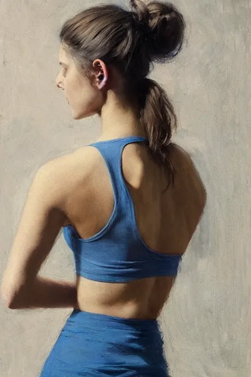 Image similar to girl with messy bun hairstyle, back view, blue camisole!!!!!!! shoulder tattoo!!!!!!! jeremy lipking, joseph todorovitch