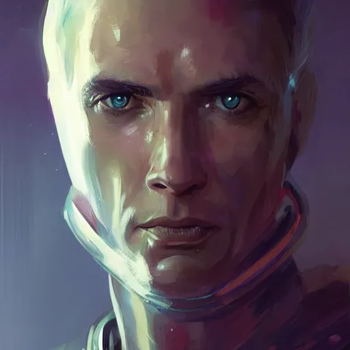 Image similar to portrait of a man with scared expression by greg rutkowski, he is about 3 0 years old, short blond hair, athletic and strong, straight jaw, wearing futuristic space gear, highly detailed portrait, digital painting, artstation, concept art, smooth, sharp foccus ilustration, artstation hq.