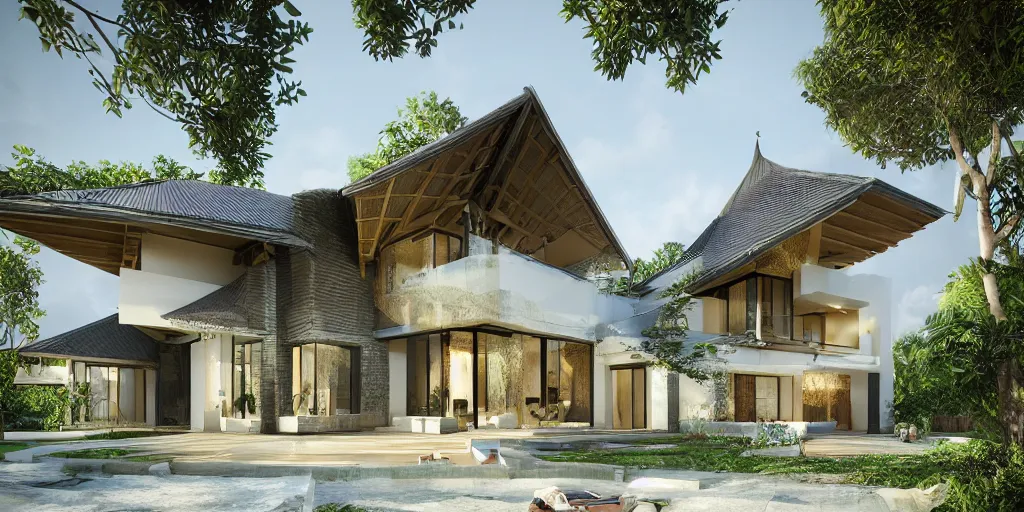 Image similar to 3d rendering of beautiful nature meets architecture concept of a residential house. balinese architecture, volumetric lighting, luxury, high detail, 14mm, cinematic photography, cg architects, high resolution