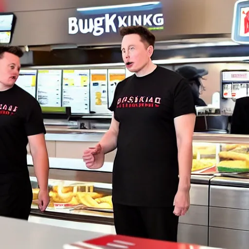 Image similar to elon musk working at burger king, elon musk working the register at a fast food restaurant