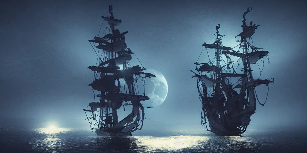 Image similar to ethereal ghost pirate ship at open sea at night, full moon behind it, 3 d art, octane render, 6 k, unreal engine, horror movie