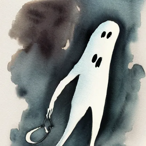 Prompt: A very spooky ghost haunting discord and tugging, watercolor, dark background, foreboding, ominous