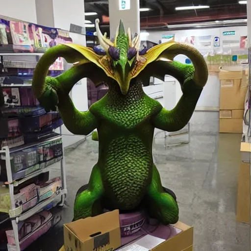 Prompt: Just one of the many mythical dragon creatures in the backrooms of bed bath and beyond.