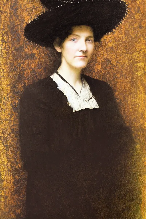 Prompt: Portrait of a Young Victorian widow wearing a black veiled hat in the style of Rembrandt, Gustav Klimt, edge lighting, tonemapped, painterly