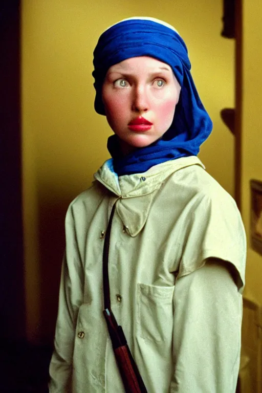 Image similar to beautiful wes anderson movie 3 5 mm film still, only one head single portrait team fortress 2 scout the girl with the pearl earring as the team fortress 2 scout team fortress 2 scout team fortress 2 scout scout team fortress 2 scout, absurdly beautiful, elegant, photographic ultrafine hyperrealistic detailed face wes anderson color, vintage, retro,