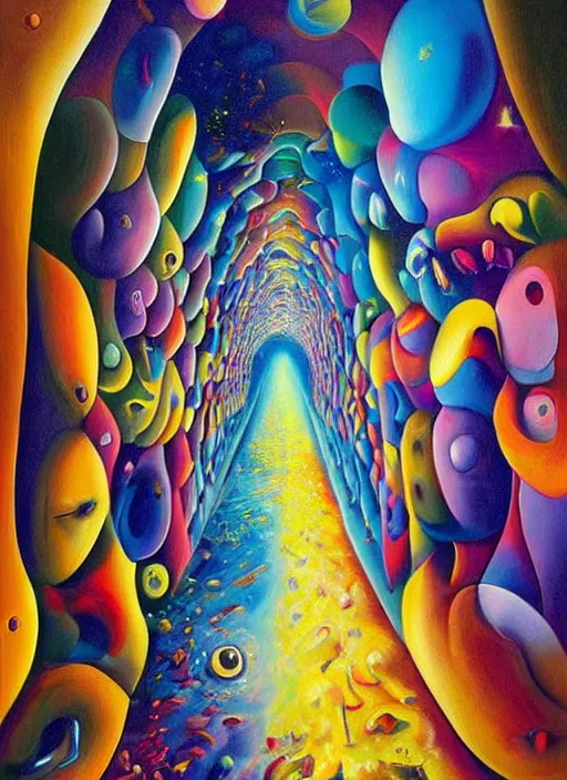 Image similar to an extremely high quality hd surrealism painting of a 3d galactic neon complimentary-colored cartoony surrealism melting optically illusiony hallway by kandsky and salviadoor dali the seventh, salvador dali's much much much much more talented painter cousin, 4k, ultra realistic, super realistic, so realistic that it changes your life