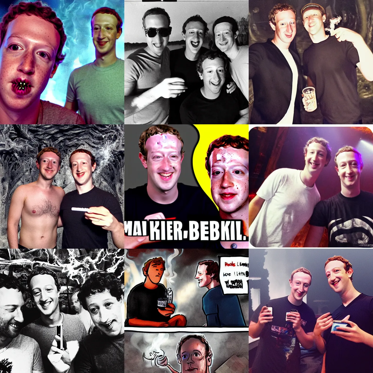 Image similar to selfie of Lucifer smoking weed with mark zuckerberg in hell