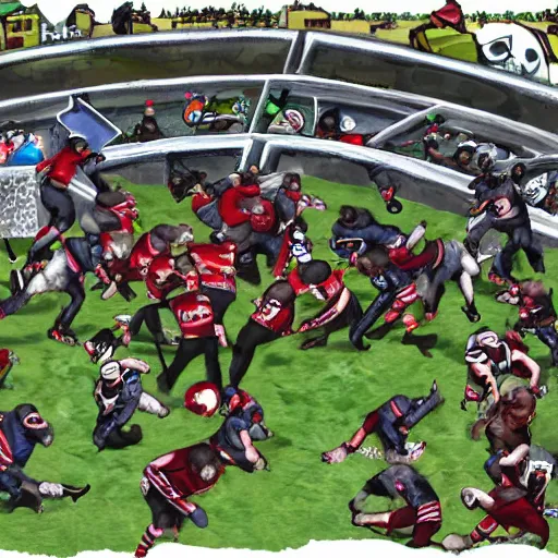 Image similar to high quality digital art of blood bowl teams fighting on a pitch, surrounded by crowds, good weather, referee blowing a whistle