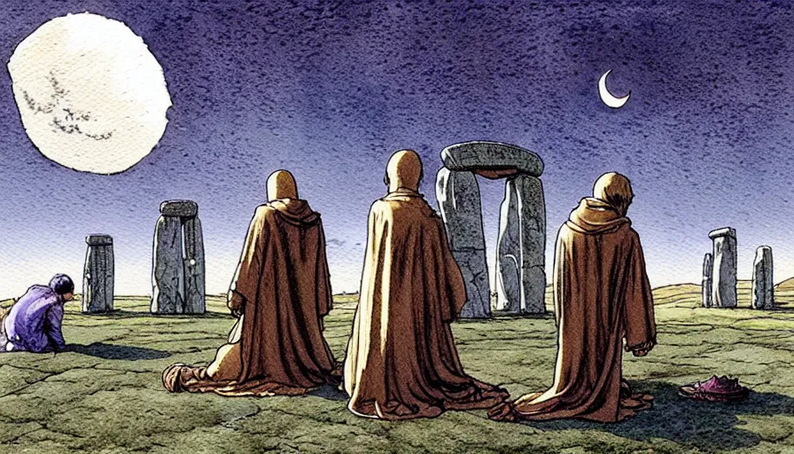 Image similar to a realistic and atmospheric watercolour fantasy concept art of a shiny metallic ufo landing in a large stonehenge. medieval monk in grey robes on his knees praying. a crescent moon in the sky. muted colors. by rebecca guay, michael kaluta, charles vess and jean moebius giraud
