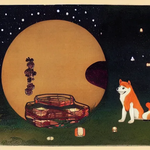 Image similar to portrait of a sitting red akita inu dog in a moonlit garden surrounded by floating lanterns, by warwick goble and kay nielsen