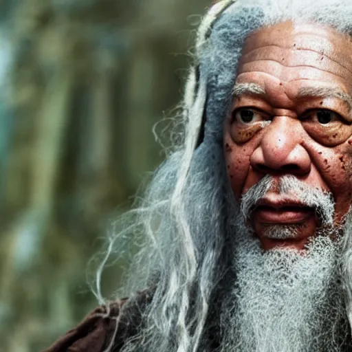 Prompt: Morgan Freeman as Gandalf the Grey, still from Lord of the Rings movie, detailed, 4k