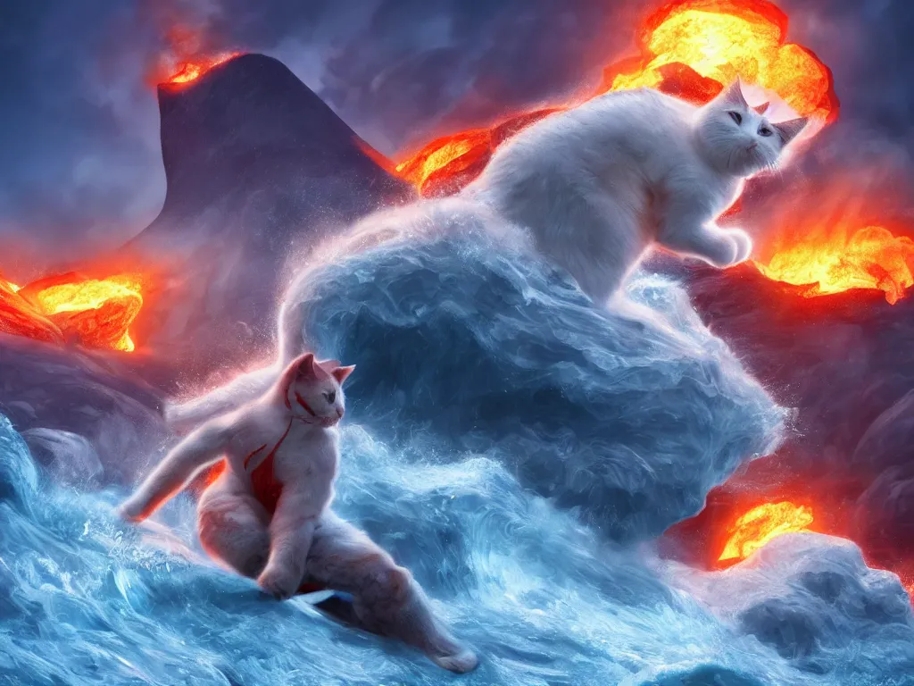 Image similar to a white fluffy cat surfing on lava, muscular, erupting volcano, stunning scene, 8 k, extremely detailed digital painting, depth, bright colors, trending on artstation