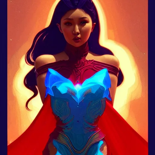 Image similar to nadine lustre as darna, volumetric lights, red and cyan theme, art nouveau botanicals, intricate, highly detailed, digital painting, artstation, concept art, smooth, sharp focus, cinematic, illustration, beautiful face, art by artgerm and greg rutkowski and alphonse mucha