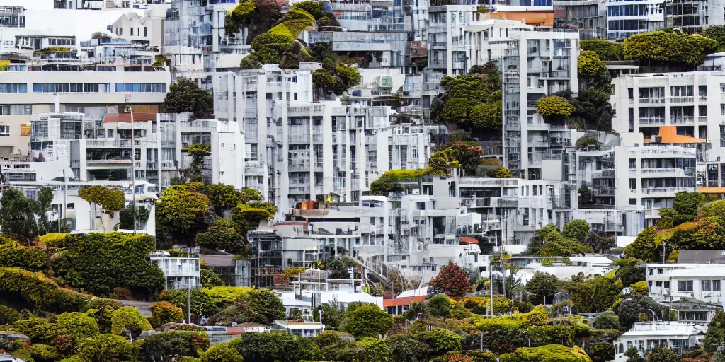 Image similar to a street in wellington new zealand where multiple buildings are covered in living walls made of endemic new zealand epiphyte species. patrick blanc. people walking on street. cars parked. windy day. 2 5 0 meter high hills in distance