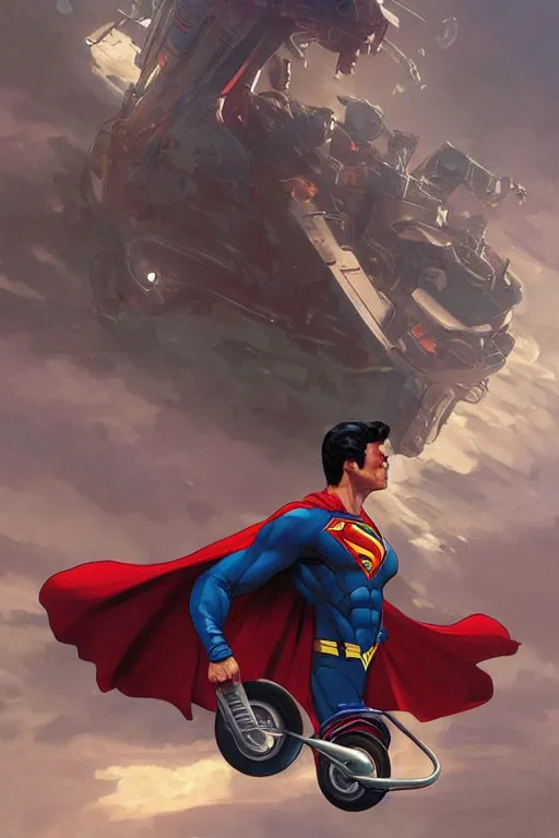 Image similar to superman riding a hover tricycle, cyberpunk, intricate, elegant, highly detailed, digital painting, artstation, concept art, smooth, sharp focus, illustration, art by artgerm and greg rutkowski and alphonse mucha