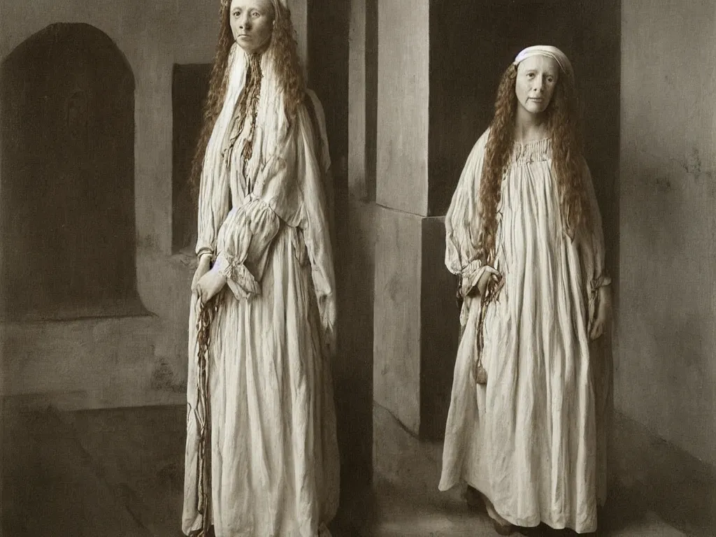 Image similar to portrait of a long haired hippy woman in a white dress. 21 th century clothes. Painting by Jan van Eyck, August Sander.