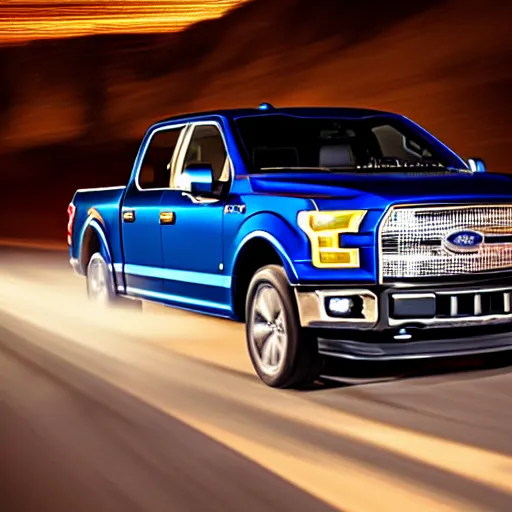 Prompt: ford f - 1 5 0 driving behind a car on the highway with the highbeams on, nighttime, photo, detailed