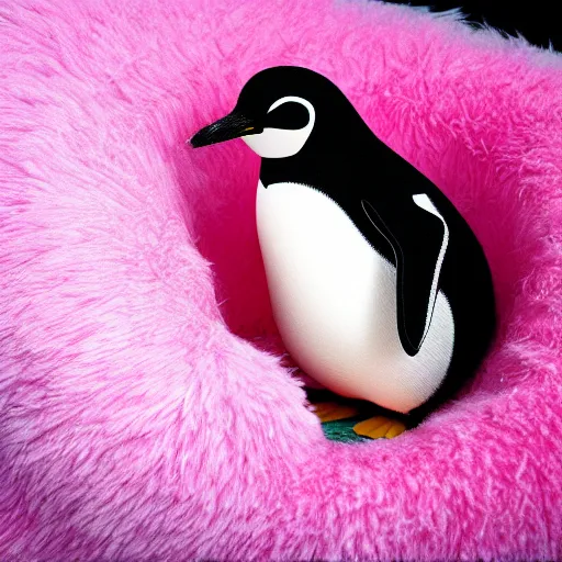 Prompt: one realistic penguin sitting in a pink fluffy bed, hyper detailed, trending on artstation