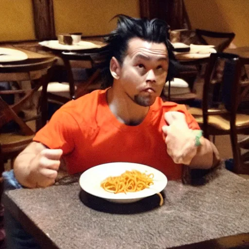 Prompt: goku sitting at a table at olive garden while he eats a plate of spaghetti and meatballs