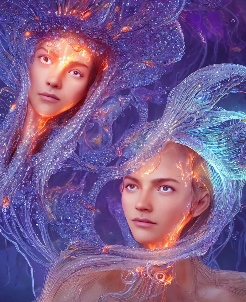 Image similar to close-up macro portrait of the face of a beautiful princess, epic angle and pose, symmetrical artwork, 3d with depth of field, blurred background, cybernetic jellyfish female face skull phoenix bird, translucent, nautilus, energy flows of water and fire. a highly detailed epic cinematic concept art CG render. made in Maya, Blender and Photoshop, octane render, excellent composition, cinematic dystopian brutalist atmosphere, dynamic dramatic cinematic lighting, aesthetic, very inspirational, arthouse. y Greg Rutkowski, Ilya Kuvshinov, WLOP, Stanley Artgerm Lau, Ruan Jia and Fenghua Zhong