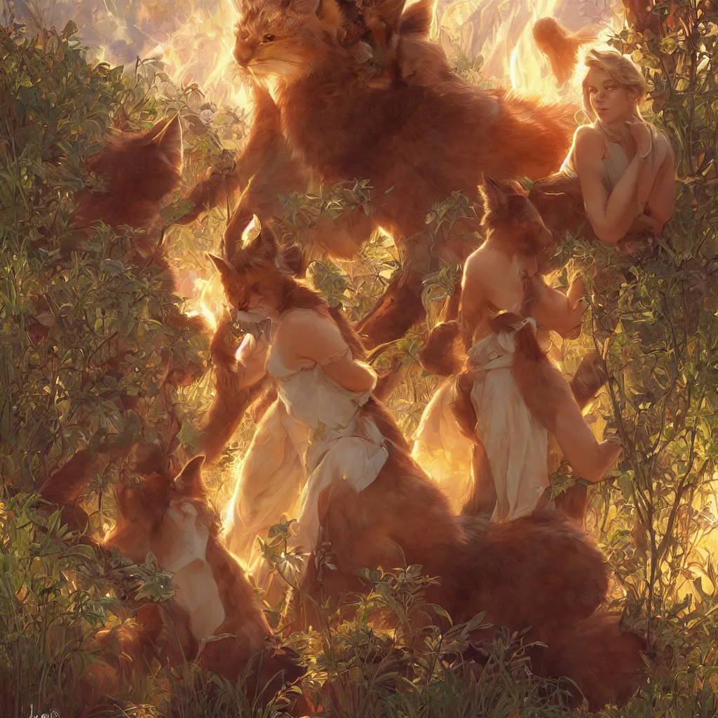 Prompt: many cute fluffy caracals, fire, magic, fantasy epic legends stylized digital illustration radiating a glowing aura global illumination ray tracing hdr fanart arstation, 8 k, art by artgerm and greg rutkowski and alphonse mucha