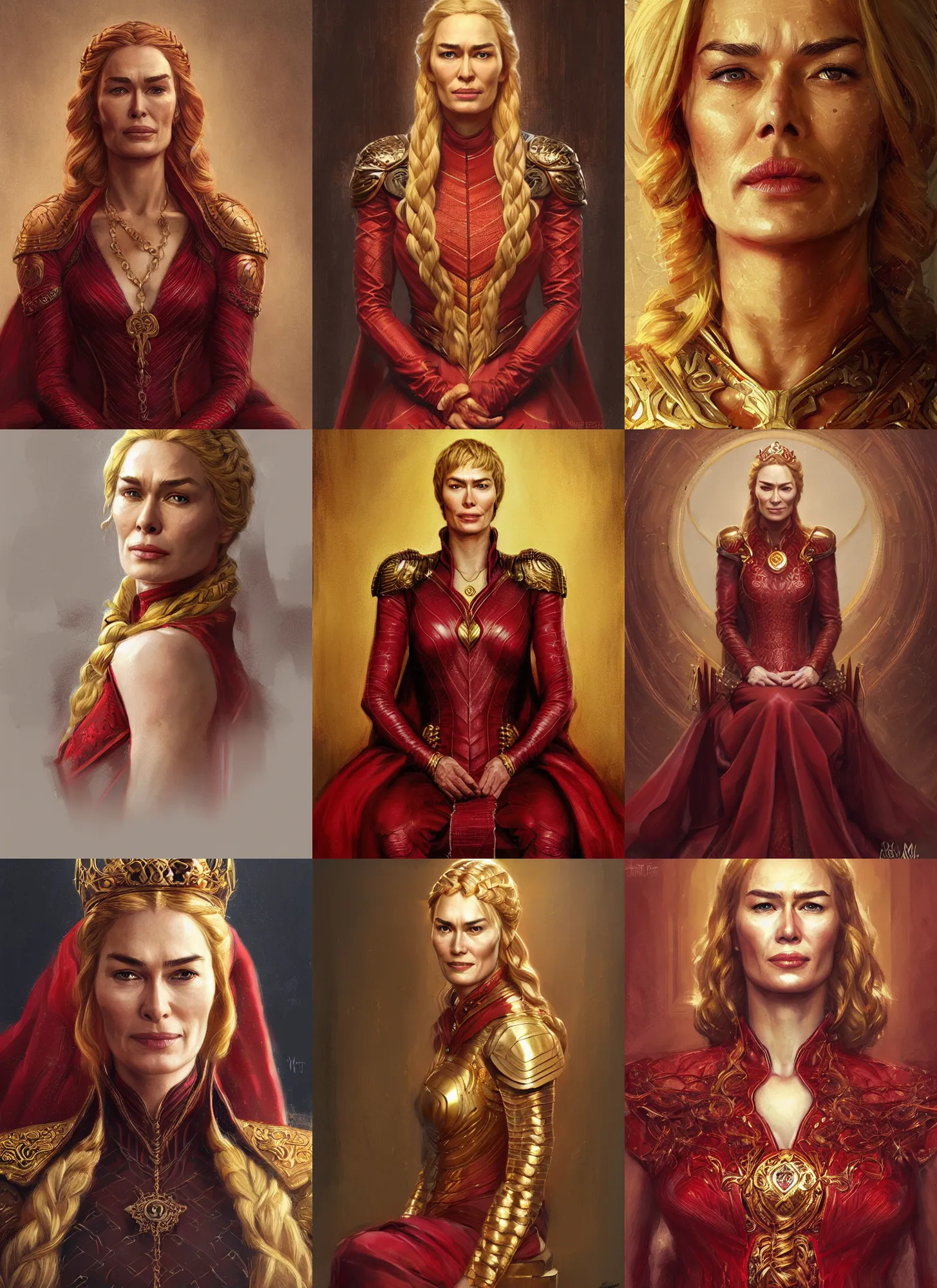 Prompt: portrait cersei lannister sit, red and gold cloth, long braided blond hair, marvel comics, dark, intricate, highly detailed, artstation, digital illustration, ruan jia, mandy jurgens, rutkowski