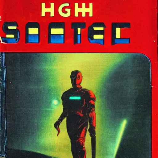 Image similar to vintage sci-fi book cover, high detail, red color bleed, film grain