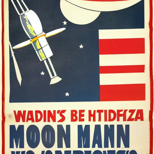 Image similar to americanized propaganda poster, moon landing