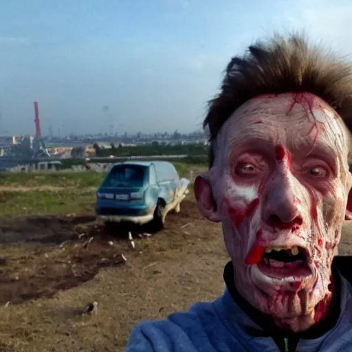 Prompt: last selfie of last alive funny scared ukrainian very damaged body to bones, bleeding running from nuclear explosion, big nuclear explosion at background