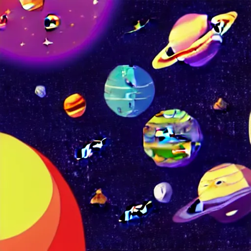 Prompt: outer space view of living planet with cartoon faces, style by kurzgesagt and pixar and dreamworks and disney