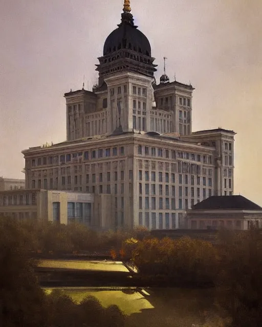 Image similar to the palace of culture and science in warsaw, poland. fantasy art by greg rutkowski, gustave courbet, rosa bonheur, edward hopper. faithfully depicted architecture, realistic, sharp focus, global illumination, radiant light, detailed and intricate environment, trending on artstation