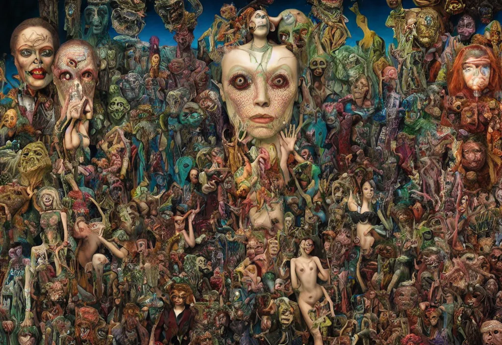 Image similar to 35mm color, humans enslaved by artificial intelligence, portrait, fashion shoot, freak show, weird, random, strange, hyper detailed, photorealistic, interesting, by David la chapelle and karol bak and david cronenberg and WETA digital, art by Ivan Bilibin, Dariusz Zawadzki , ID magazine, octane rendering, cinematic, hyperrealism, octane rendering, 8k, depth of field, bokeh.