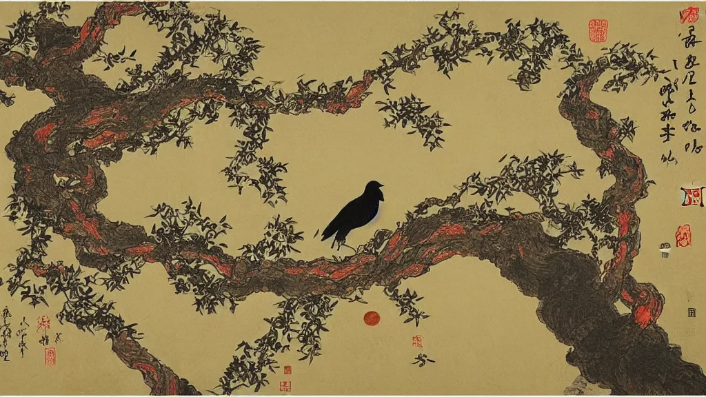 Image similar to a shui - mo painting of over a tree wreathed with vines fly evening crows, under a small bridge near a cottage a stream flows, a lean horse goes on bridge, sunset, by pan tianshou : 2