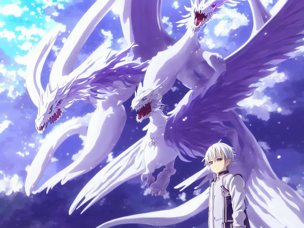 Prompt: anime art full body portrait character concept art, be surrounded by a huge silver white dragon center, in white clouds fairyland, anime key visual of violet evergarden, finely detailed perfect face delicate, raphael lacoste, trending on pixiv fanbox, james jean, violet evergarden, studio ghibli, xision, extremely high quality artwork