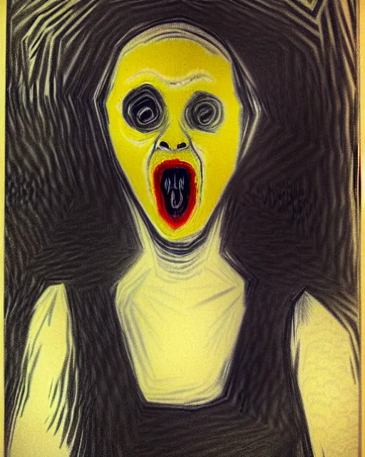 Image similar to scary portrait of a young female with glowing eyes, similar to the scream drawing by Edvard Munch