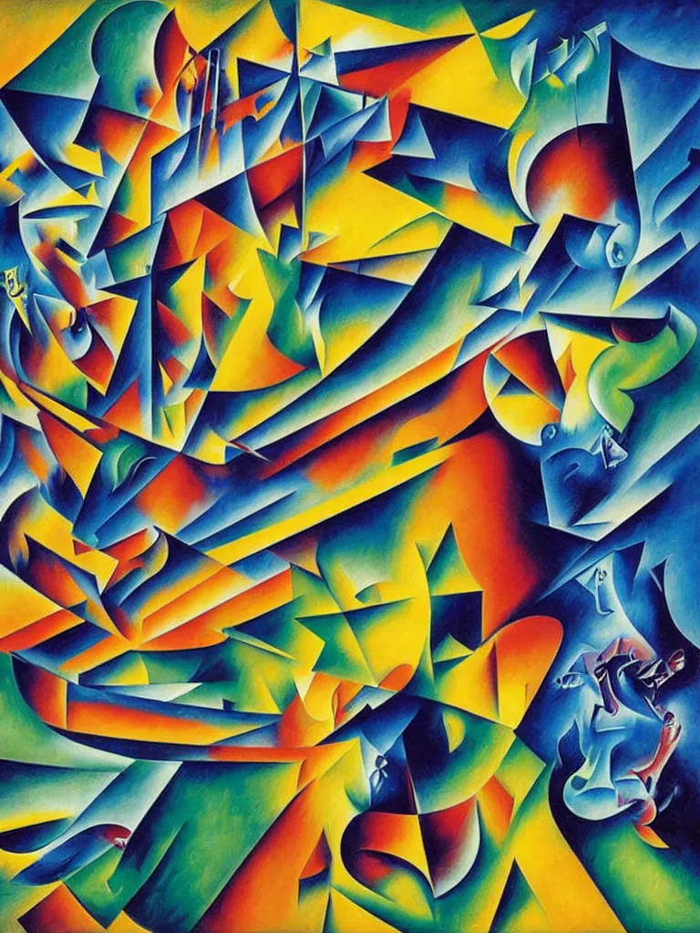 Image similar to a surreal neon painting of a locomotive in motion made of cubism futuristic boccioni, rooms in 3 point perspective by vladimir kush and dali and kandinsky, 3 d, realistic shading, complimentary colors, vivid neon colors, aesthetically pleasing composition, masterpiece, 4 k, 8 k, ultra realistic, super realistic