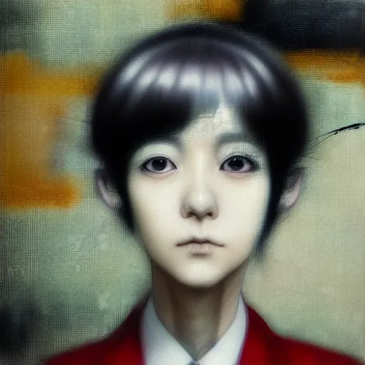 Image similar to yoshitaka amano blurred and dreamy realistic three quarter angle portrait of a young woman with short hair and black eyes wearing office suit with tie, junji ito abstract patterns in the background, satoshi kon anime, noisy film grain effect, highly detailed, renaissance oil painting, weird portrait angle, blurred lost edges