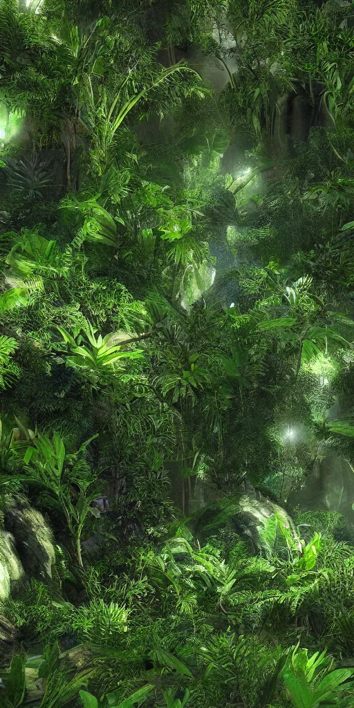 Prompt: highly detailed over dimensional green leaves that are not from this world with black vaines, fantasy jungle, photorealism, unreal engine, purple hue