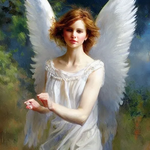 Image similar to a beautiful portrait of an angel with beautiful face and her huge white wings spread out painted by gerhartz, highly detailed, beautiful, back lit, graceful and elegant, ethereal