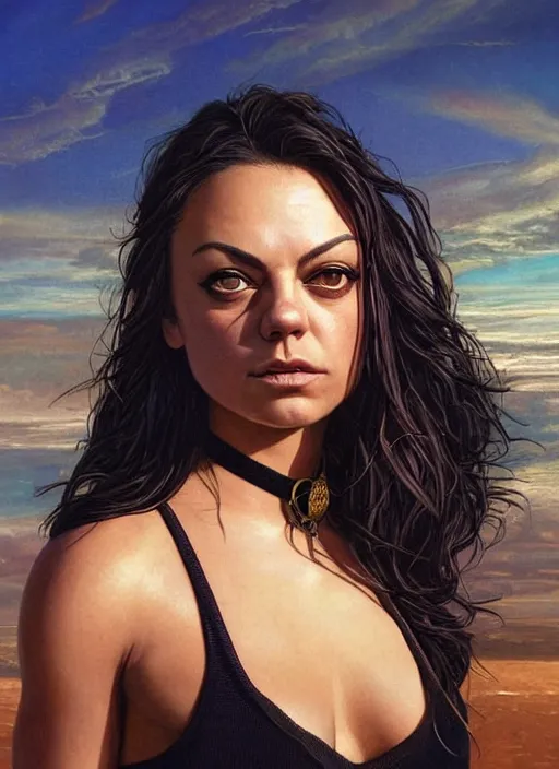 Image similar to Mila Kunis wearing black choker, epic portrait of a very strong muscled Amazon heroine, sun beams across sky, pink golden hour, stormy coast, intricate, elegance, highly detailed, shallow depth of field, epic vista, concept art, art by Artgerm and Donato Giancola, Joseph Christian Leyendecker