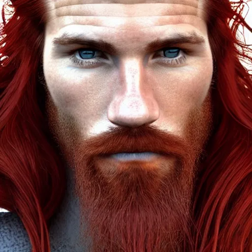 Image similar to portrait of a ruggedly handsome!!!!! male ship captain with long red hair!!!!!!, 30 years old, upper body, wavey hair, muscular, friendly, playful, D&D, hairworks, Unreal 4, fantasy, elegant, highly detailed, digital painting, hairworks, deviantart, artstation, concept art, sharp focus, dramatic lighting, illustration, art by Artgerm and Greg Rutkowski and Alphonse Mucha