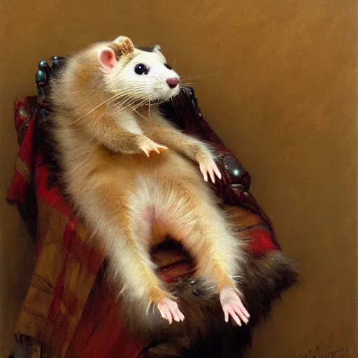 Prompt: a portrait of a furry ferret wearing clothes, hairy, furry body, furry arms, feet, tail. highly detailed painting by gaston bussiere, craig mullins, j. c. leyendecker, furry