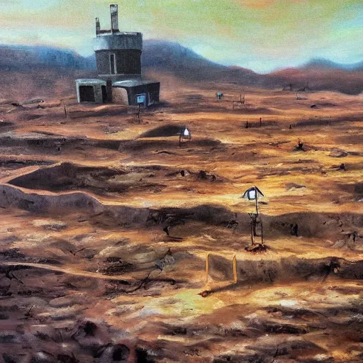 Image similar to a small town for the last remaining humans on the planet oil painting