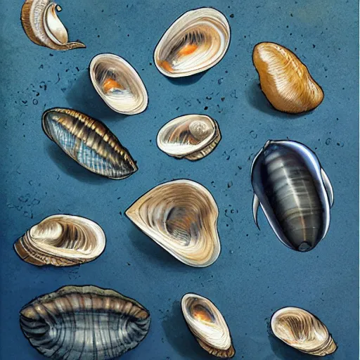 Image similar to bivalve, sea shell, mystery of the deep, quahogs. greg rutkowski, gustavo dore, national geographic, spiral, mollusc