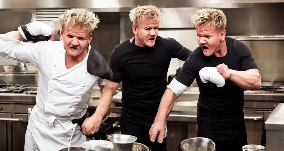 Image similar to photo of angry furious Gordon Ramsay punching Gordon Ramsay at the kitchen